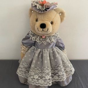 Vintage ANCO Victorian Plush Teddy Bear in Gray & Lace Dress with Metal Stand